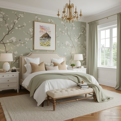 A beautifully styled bedroom featuring a bed dressed in white and sage green linens, set against a wall with sage green floral wallpaper. A matching sage green throw blanket is draped over the foot of the bed, which sits on a large cream-colored area rug with a framed watercolour poster of Mont St Michel