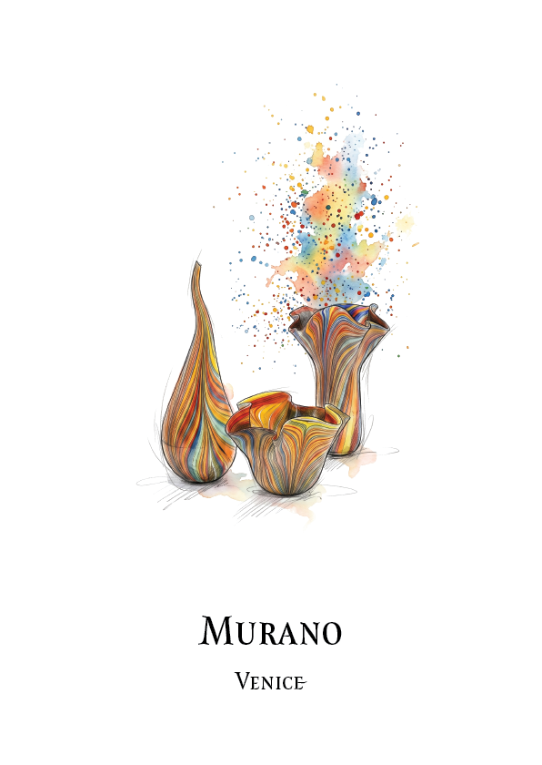 A minimalist art print featuring three colorful Murano glass marbled vases with a colourful paint splatter effect above them, labeled 'MURANO VENICE' at the bottom on a white background.