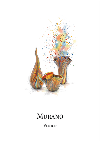 A minimalist art print featuring three colorful Murano glass marbled vases with a colourful paint splatter effect above them, labeled 'MURANO VENICE' at the bottom on a white background.