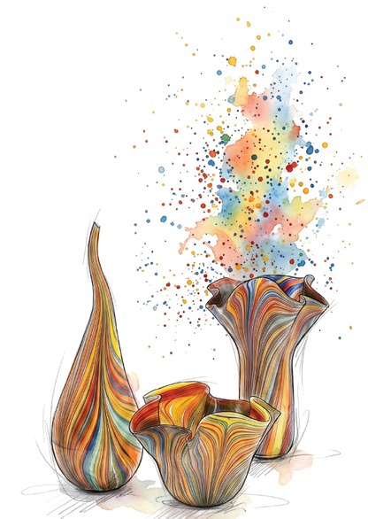 Three abstract decorative Murano glass vases with swirling marbled patterns in orange, yellow, brown, blue, and red, shown on a white background with colorful paint splashes above.
