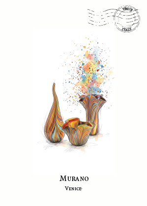 A travel postcard featuring a watercolour illustration of three colourful Murano glass vases on a white background, with a black postmark stamp in the top right and the text 'MURANO VENICE' at the bottom.