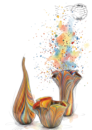 Three abstract decorative Murano glass vases with marbled swirls of orange, yellow, blue, and brown on a white background, with colorful paint splashes rising above and a postage stamp graphic in the upper right.