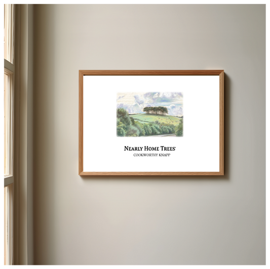 Framed watercolour illustration of the Nearly Home Trees at Cookworthy Knapp, Devon, displayed in a lifestyle setting