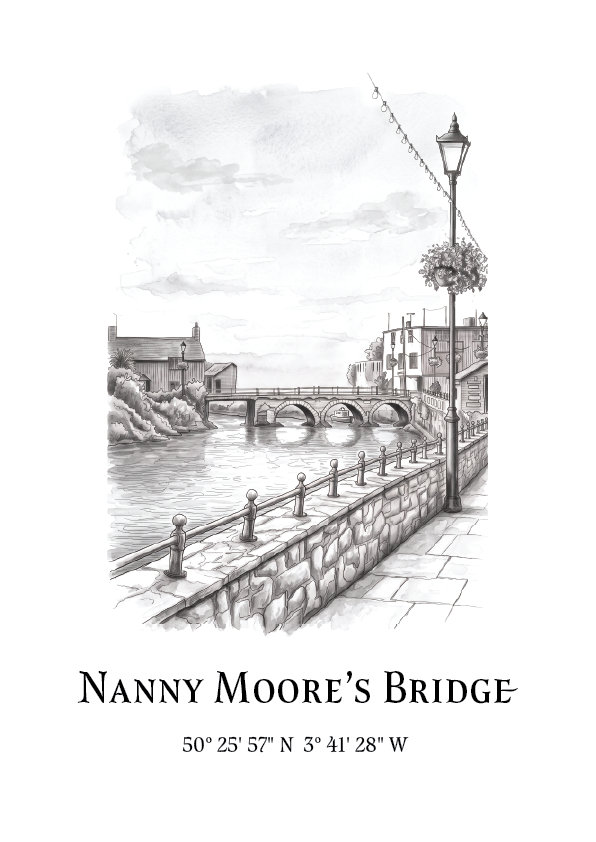 A black and white sketch print of Nanny Moore's Bridge over a river, featuring a stone embankment, bridge, buildings, and a street lamp, with the title and coordinates printed below on a white background.
