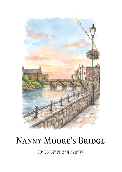 A watercolour-style art print titled 'Nanny Moore's Bridge' showing a riverside scene with a stone bridge, buildings, a lamp post, and a walkway, with geographic coordinates printed below on a white background.