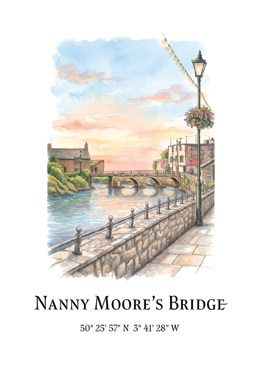 A watercolour-style art print titled 'Nanny Moore's Bridge' showing a riverside scene with a stone bridge, buildings, a lamp post, and a walkway, with geographic coordinates printed below on a white background.