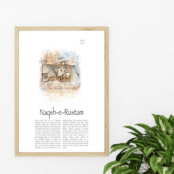 A framed art print featuring a watercolour painting of a horse and rider with the title 'Naqsh-e-Rustam' and columns of text below, displayed on a white wall next to a green potted plant.