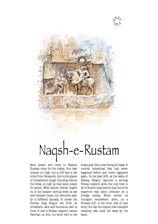 A printed poster featuring a large central illustration of a historical scene with figures and horses, captioned 'Naqsh-e-Rustam' in bold text below. The page has a white background and includes a small circular logo at the top right of latitude and longitude.