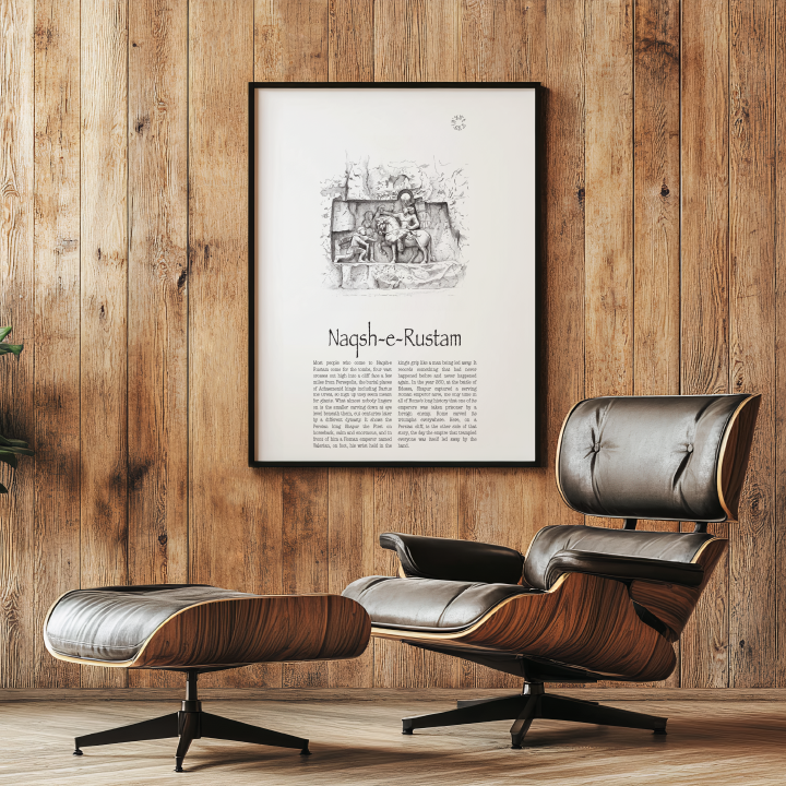 A framed black-and-white art print titled 'Naqsh-e-Rustam' hangs on a rustic wood-paneled wall above a mid-century modern lounge chair and ottoman, with a potted green plant to the left.