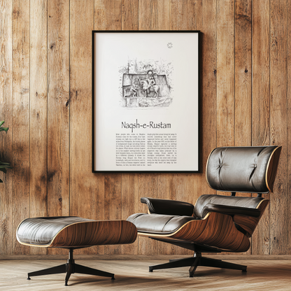 A framed black-and-white art print titled 'Naqsh-e-Rustam' hangs on a rustic wood-paneled wall above a mid-century modern lounge chair and ottoman, with a potted green plant to the left.