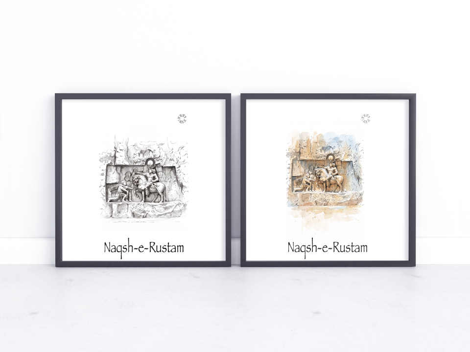 Two framed art prints leaning against a white wall on a light marble surface. The left print is black and white, and the right print is in warm beige and brown tones, both with the text 'Naqsh-e-Rustam' at the bottom.