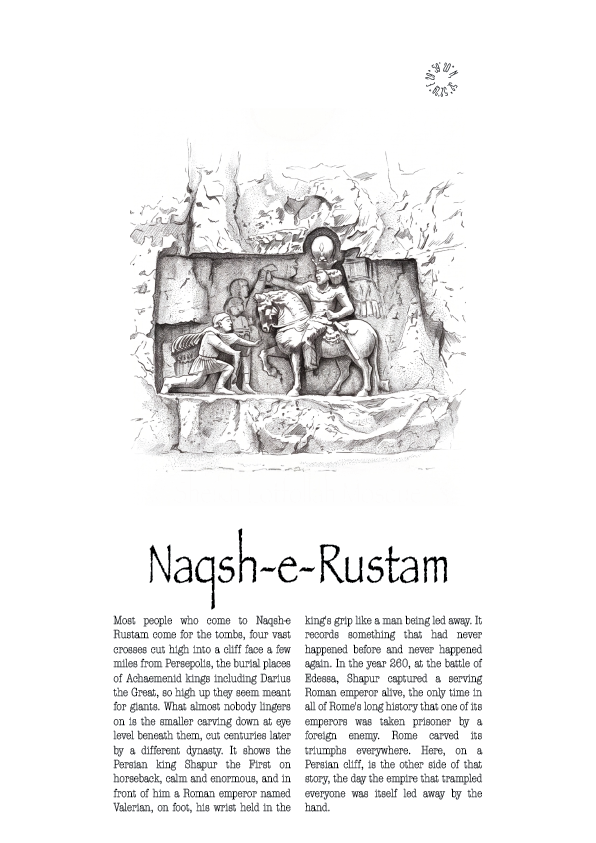 A printed poster with a large title reading 'Naqsh-e-Rustam' and a central hand-drawn illustration of a robed figure in front of a stylized landscape. Smaller text appears above and below, and the page is a light neutral background.