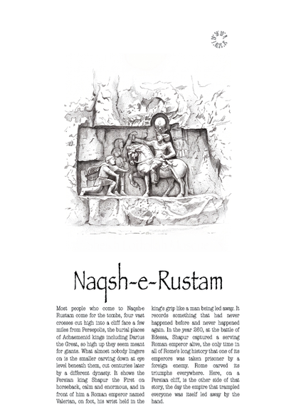 A printed poster with a large title reading 'Naqsh-e-Rustam' and a central hand-drawn illustration of a robed figure in front of a stylized landscape. Smaller text appears above and below, and the page is a light neutral background.
