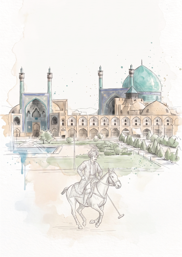 Watercolour and pencil illustration of a historic Persian-style mosque with a green dome, a polo player in the foreground, and a soft neutral background.