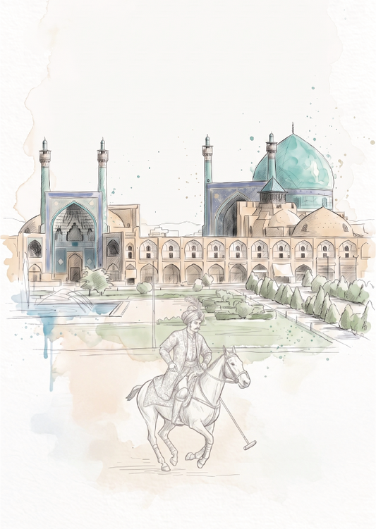 Watercolour and pencil illustration of a historic Persian-style mosque with a green dome, a polo player in the foreground, and a soft neutral background.