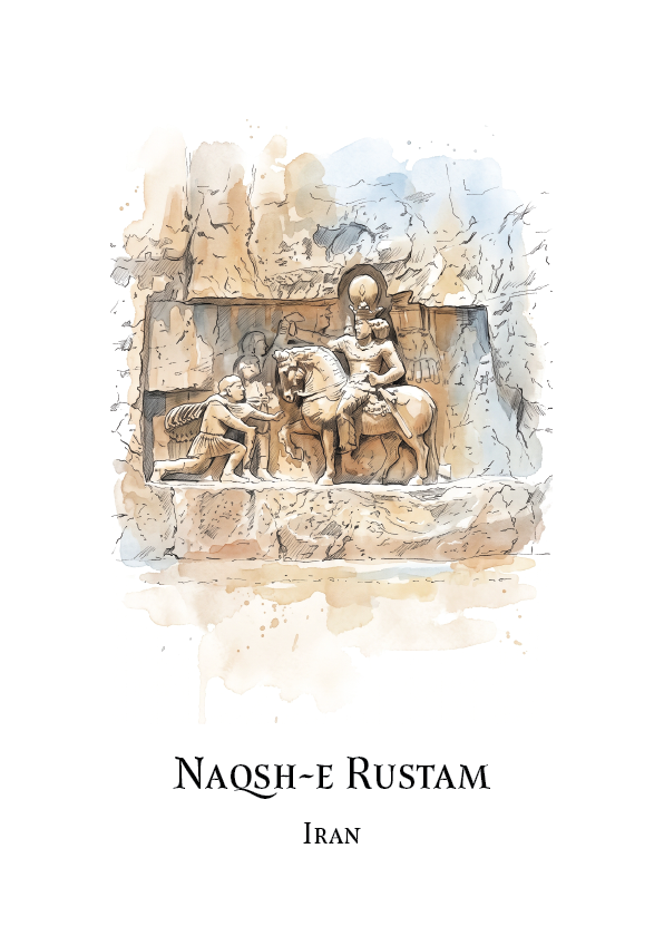 A travel art print featuring a watercolour illustration of the Naqsh-e Rustam relief in Iran. The print shows a beige and brown stone carving of figures on horseback with soft blue watercolor washes, set against a clean white background with the text 'NAQSH-E RUSTAM' and 'IRAN' printed below.