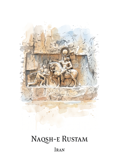 A travel art print featuring a watercolour illustration of the Naqsh-e Rustam relief in Iran. The print shows a beige and brown stone carving of figures on horseback with soft blue watercolor washes, set against a clean white background with the text 'NAQSH-E RUSTAM' and 'IRAN' printed below.