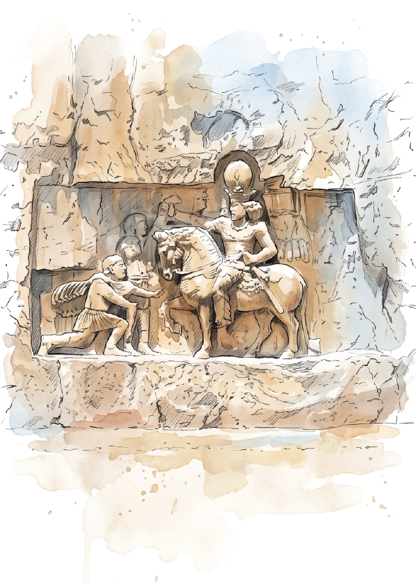 Watercolour-style illustration of an ancient stone relief scene showing figures and a horse, rendered in warm beige, tan, and brown tones with soft blue-grey washes on a white background.