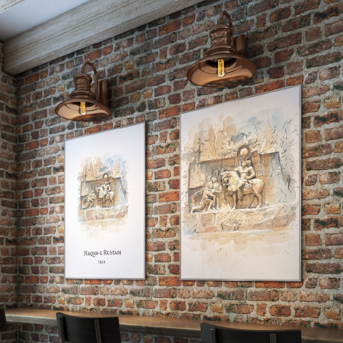 Two framed art prints of Naqsh-e Rustam, Fars in Iran,  hanging on a rustic red brick wall in a cafe or restaurant setting, with two industrial-style copper wall sconces above them.
