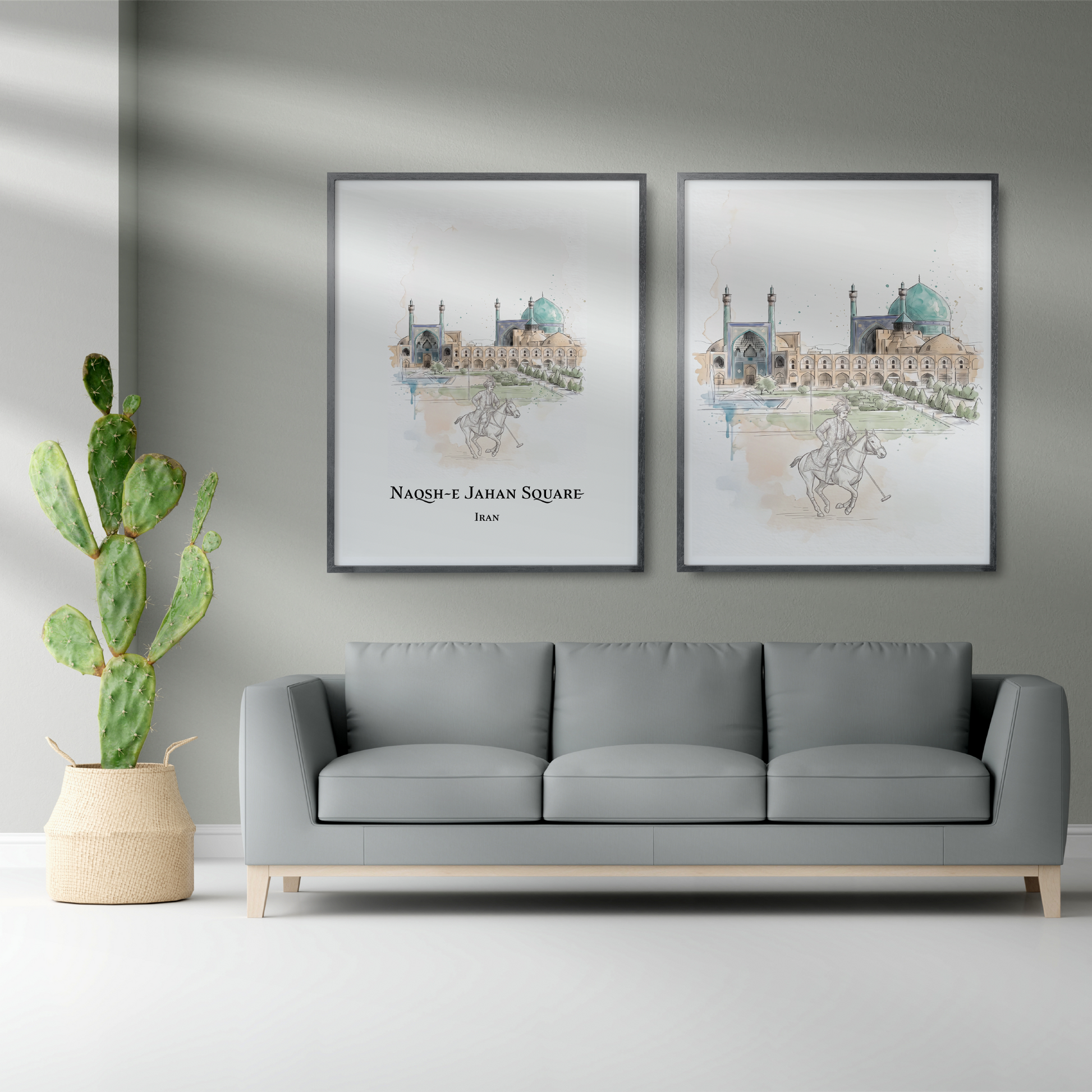 A styled living room scene with a grey sofa, potted cactus, and two framed watercolour-style architectural prints of Naqsh-e Jahan Square on the wall. The likely product being sold is the pair of framed prints, shown in a real interior environment rather than as an isolated studio product shot.