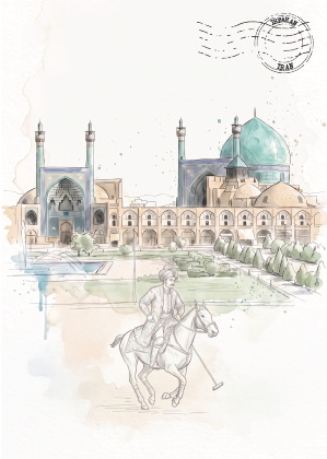 Watercolour and sketch illustration of a historic Persian-style palace with blue domes and minarets, a polo rider on horseback in the foreground, and a postage stamp graphic in the upper right on a light beige background.