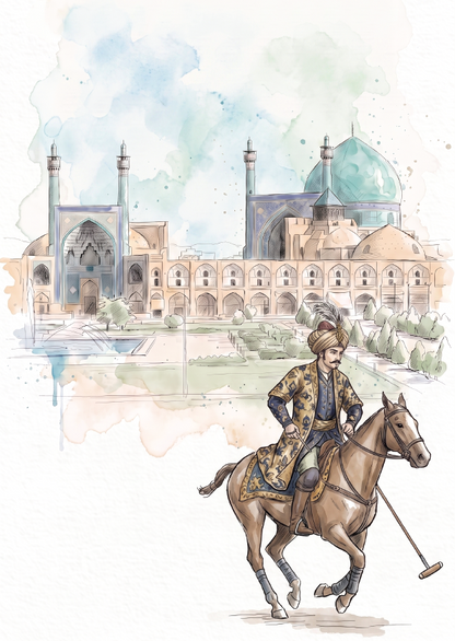 Watercolour-style illustration of a 17th century polo player in ornate traditional clothing riding a brown horse in the foreground, with a large domed palace and minarets in the background.