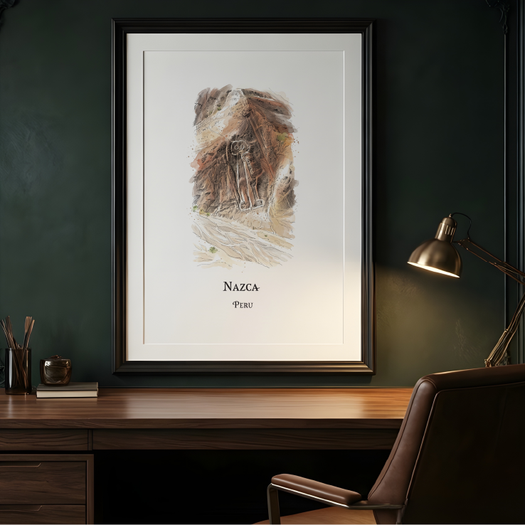 A framed art print featuring a textured illustration of Nazca geoglyphs, displayed on a dark green wall above a wooden desk in a styled home office setting.