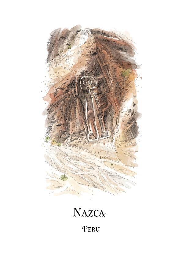 A vertical art print featuring a watercolor illustration of the Nazca geoglyphs in Peru, with the text 'NAZCA PERU' printed below on a white background.
