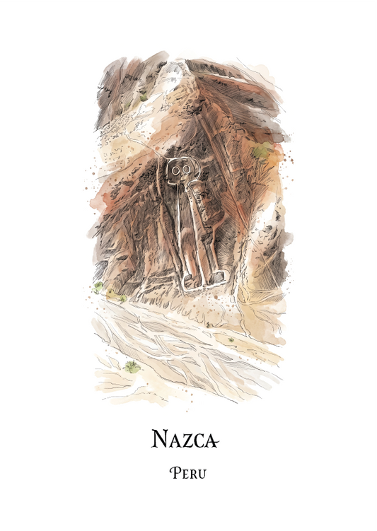 A vertical art print featuring a watercolor illustration of the Nazca geoglyphs in Peru, with the text 'NAZCA PERU' printed below on a white background.