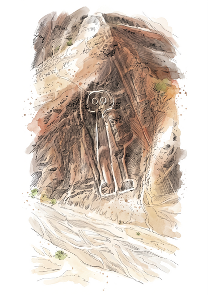 A vertical art print featuring a watercolour illustration of the Astronaut Nazca geoglyphs in Peru.