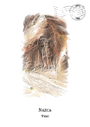 A travel postcard or art print featuring a hand-drawn illustration of the Nazca geoglyphs in Peru. The artwork depicts the large Nazca lines etched into a brown and beige rock face, with a black circular postmark stamp in the upper right and the text 'NAZCA PERU' printed below the illustration on a white background.