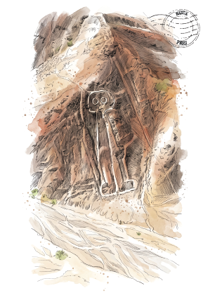 An artistic illustration of a large astronaut Nazca Lines figure carved into a rocky cliffside, rendered in earthy brown, beige, and tan tones with white sketch lines on a white background.