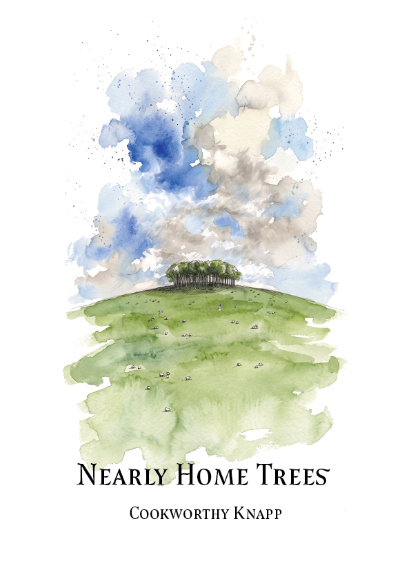 A watercolour-style travel poster art print featuring a green hill with a small cluster of trees under a blue, white, and grey sky. The title 'Nearly Home Trees' and the name 'Cookworthy Knapp' appear below in black text on a white background.