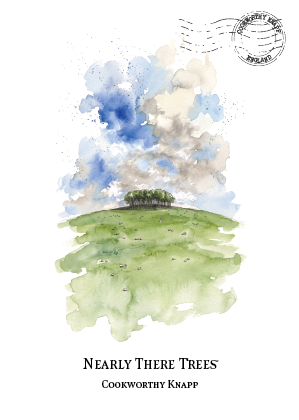 A watercolour-style illustrated landscape with green hill, trees, blue and grey clouds, and a postage stamp graphic at the top right. Text below reads 'NEARLY THERE TREES' and 'COOKWORTHY KNAPP'.