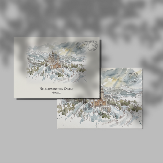 Two rectangular art postcards featuring a watercolour winter landscape with snow-covered mountains, Neuschwanstein Castle, trees, and soft gray-blue sky tones, displayed on a light gray background with leaf shadows.