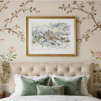 A framed watercolour painting of a snowy Neuschwanstein Castle landscape hangs on a beige wall above a bed with a tufted cream headboard, green pillows, and matching bedside lamps. The wall also features delicate floral and tree branch wallpaper.