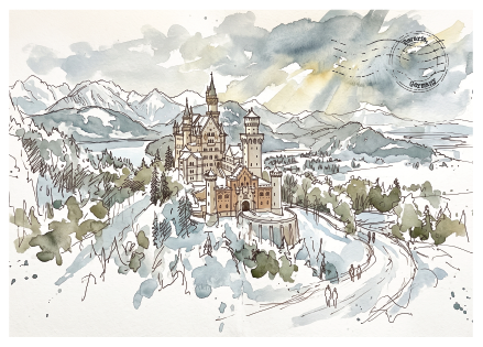 Watercolour and ink sketch of Neuschwanstein Castle surrounded by mountains, trees, and a winding road, with a postmark graphic in the upper right on an off-white background.