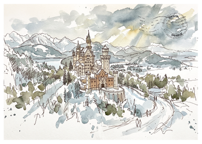 Watercolour and ink sketch of Neuschwanstein Castle surrounded by mountains, trees, and a winding road, with a postmark graphic in the upper right on an off-white background.