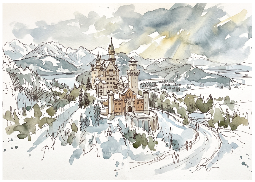 Watercolour and ink sketch of Neuschwanstein Castle surrounded by snowy mountains, trees, and winding paths under a cloudy sky.