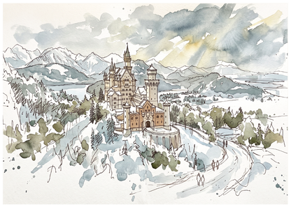 Watercolour and ink sketch of Neuschwanstein Castle surrounded by snowy mountains, trees, and winding paths under a cloudy sky.