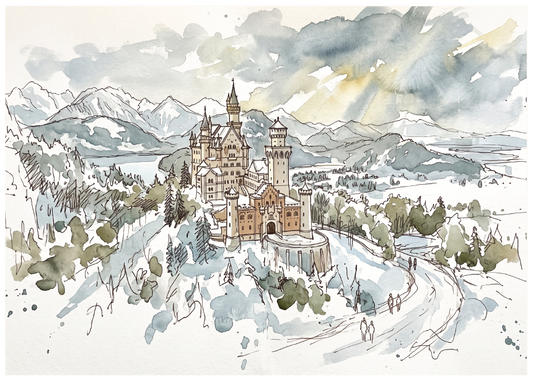 Watercolour and ink sketch of Neuschwanstein Castle surrounded by snowy mountains, trees, and winding paths under a cloudy sky.