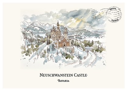 A watercolour-style travel postcard illustration of Neuschwanstein Castle in Bavaria, Germany, with mountains, trees, and a winding road in soft gray, blue, green, and brown tones. The postcard has a cream background, printed text reading 'NEUSCHWANSTEIN CASTLE' and 'BAVARIA' below the artwork, and a circular stamp mark in the upper right.
