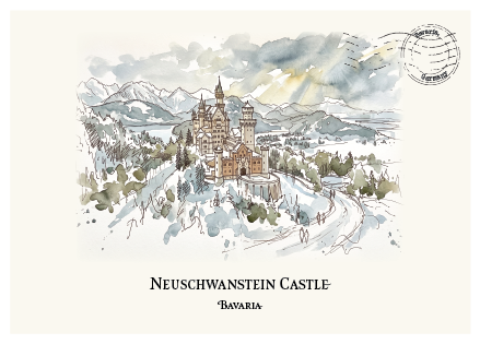 A watercolour-style travel postcard illustration of Neuschwanstein Castle in Bavaria, Germany, with mountains, trees, and a winding road in soft gray, blue, green, and brown tones. The postcard has a cream background, printed text reading 'NEUSCHWANSTEIN CASTLE' and 'BAVARIA' below the artwork, and a circular stamp mark in the upper right.