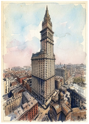 Watercolour and ink architectural illustration of F W Woolworth skyscraper surrounded by dense urban buildings under a pale blue and pink sky.