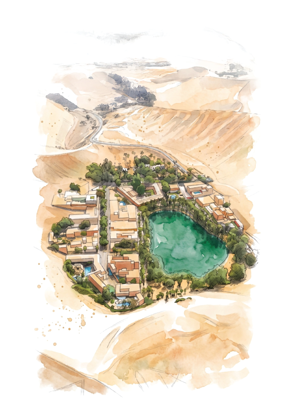 Watercolor-style travel poster illustration of Oasis del la Huacachina with terracotta-roofed buildings, green trees, and a turquoise pond, surrounded by sandy beige hills and roads.