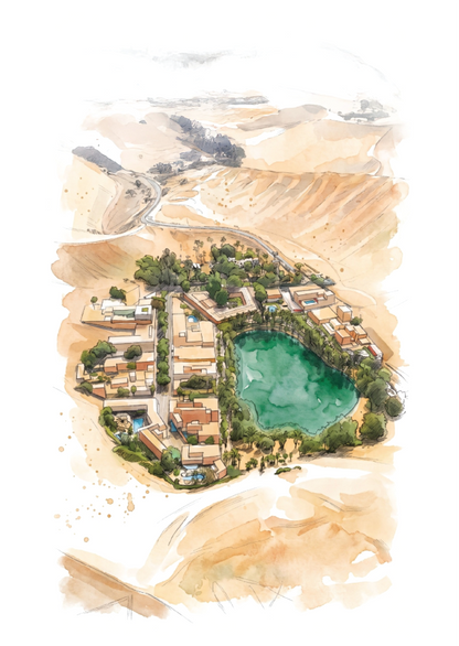 Watercolor-style travel poster illustration of Oasis del la Huacachina with terracotta-roofed buildings, green trees, and a turquoise pond, surrounded by sandy beige hills and roads.
