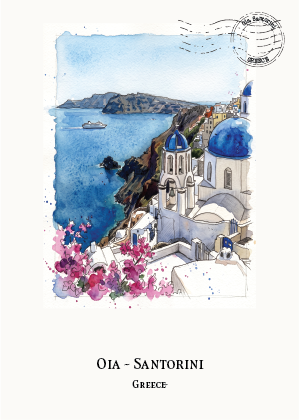A watercolour-style travel print  postcard of Oia, Santorini, Greece, showing white buildings with blue domes, a deep blue sea, and pink flowers along the cliffside. The print has a cream background with the text 'OIA - SANTORINI' and 'GREECE' printed below.