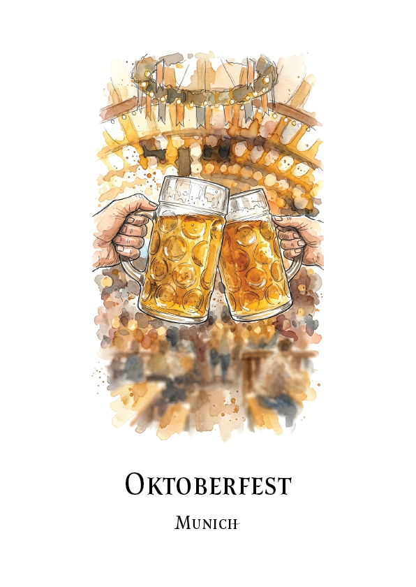 A watercolour-style Oktoberfest poster featuring two hands clinking large beer mugs, with a background of many bottles and the text 'OKTOBERFEST' and 'MUNICH' below on a white field.