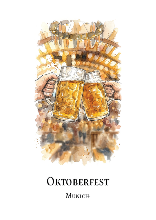 A watercolour-style Oktoberfest poster featuring two hands clinking large beer mugs, with a background of many bottles and the text 'OKTOBERFEST' and 'MUNICH' below on a white field.