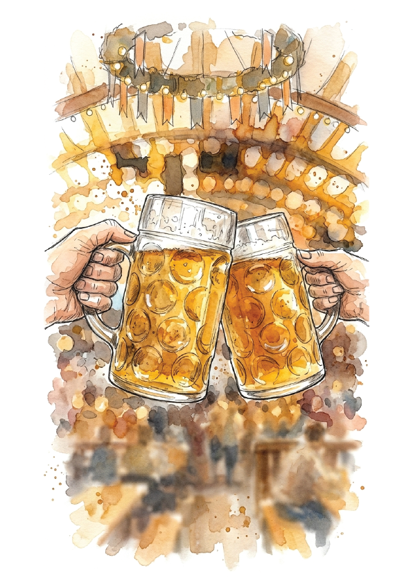 Watercolor illustration for Oktoberfest, Munich, of two hands clinking frothy beer mugs, with a blurred bar or crowd scene in warm brown, gold, and orange tones behind them.